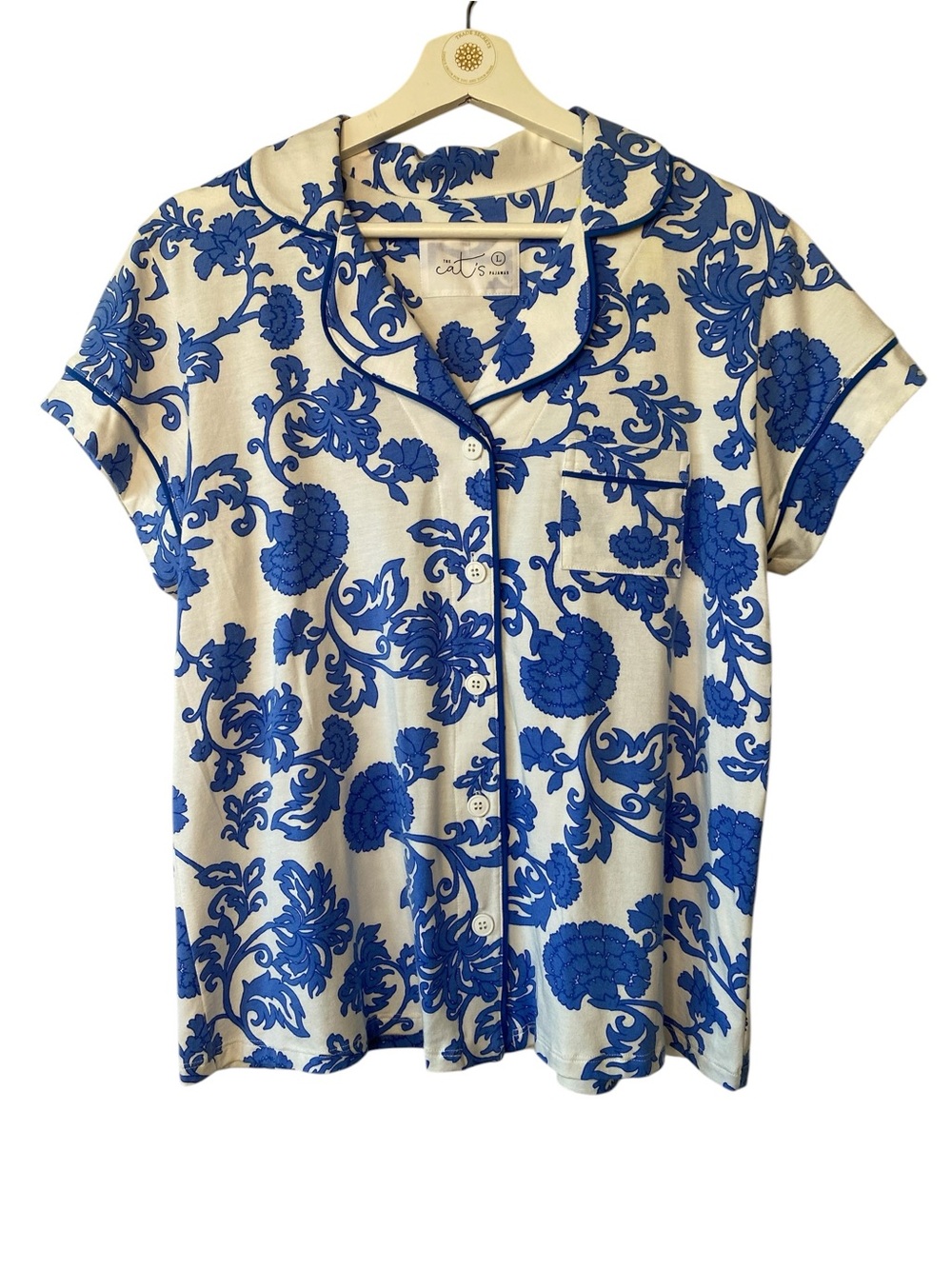 Cats  Blue Floral Short Sleeve Pajama Top